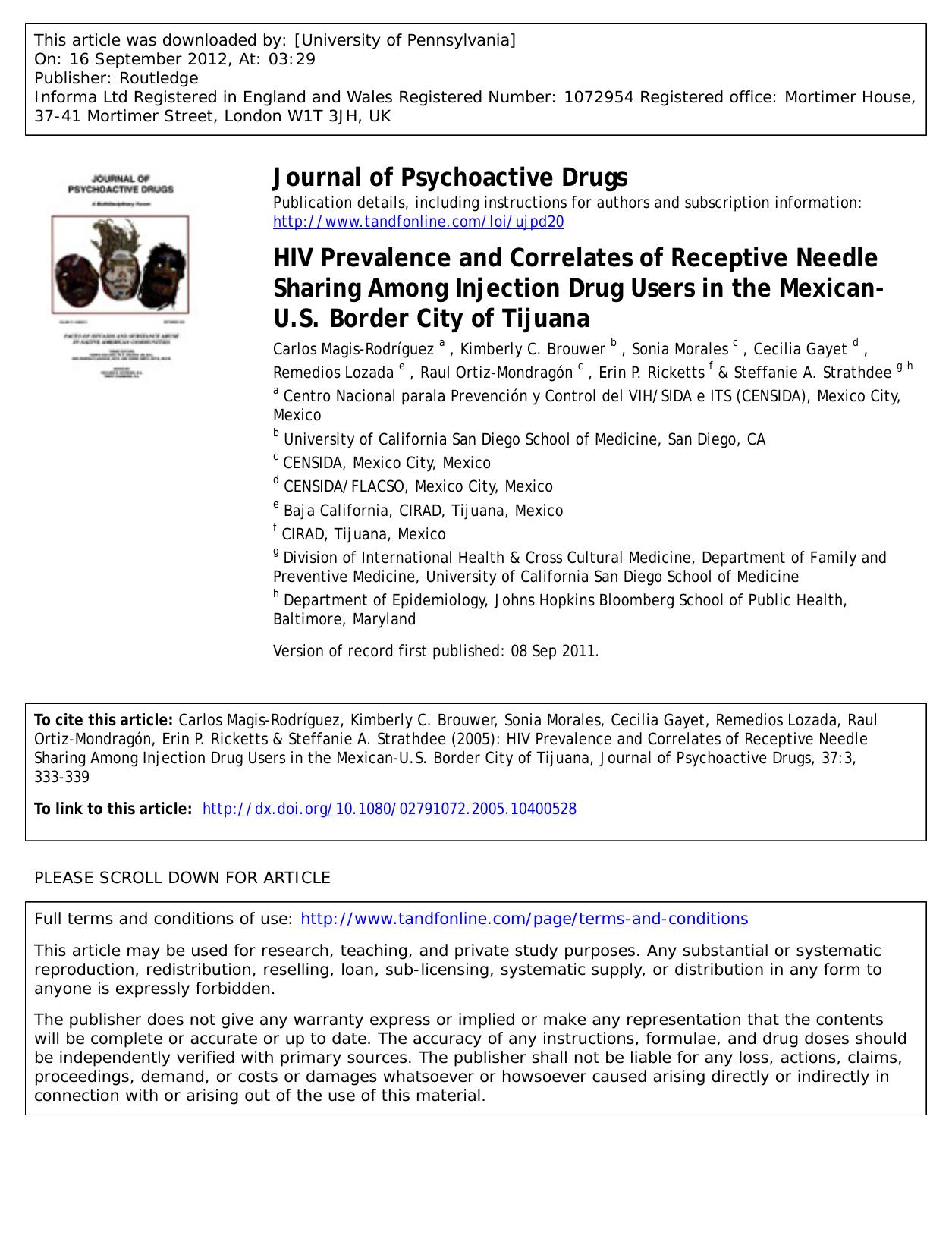 HIV Prevalence and Correlates of Receptive Needle Sharing Among Injection Drug Users in the Mexican-U.S. Border City of Tijuana by unknow