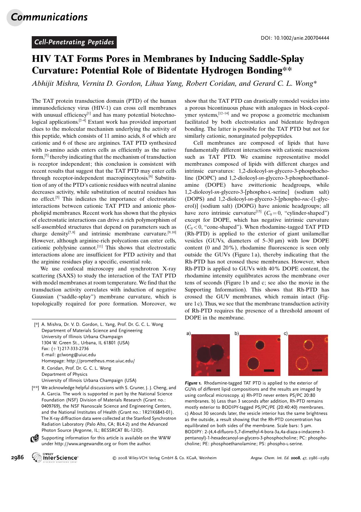HIV TAT Forms Pores in Membranes by Inducing Saddle-Splay Curvature: Potential Role of Bidentate Hydrogen Bonding by Unknown