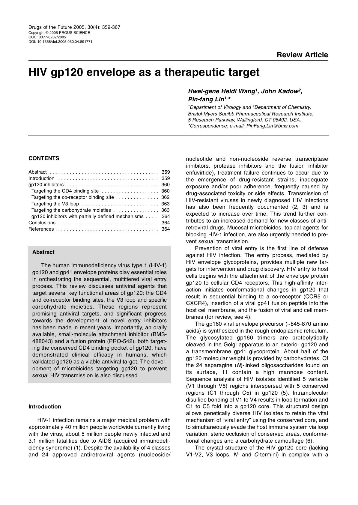 HIV gp120 envelope as a therapeutic target by Prous Science (c) 2005
