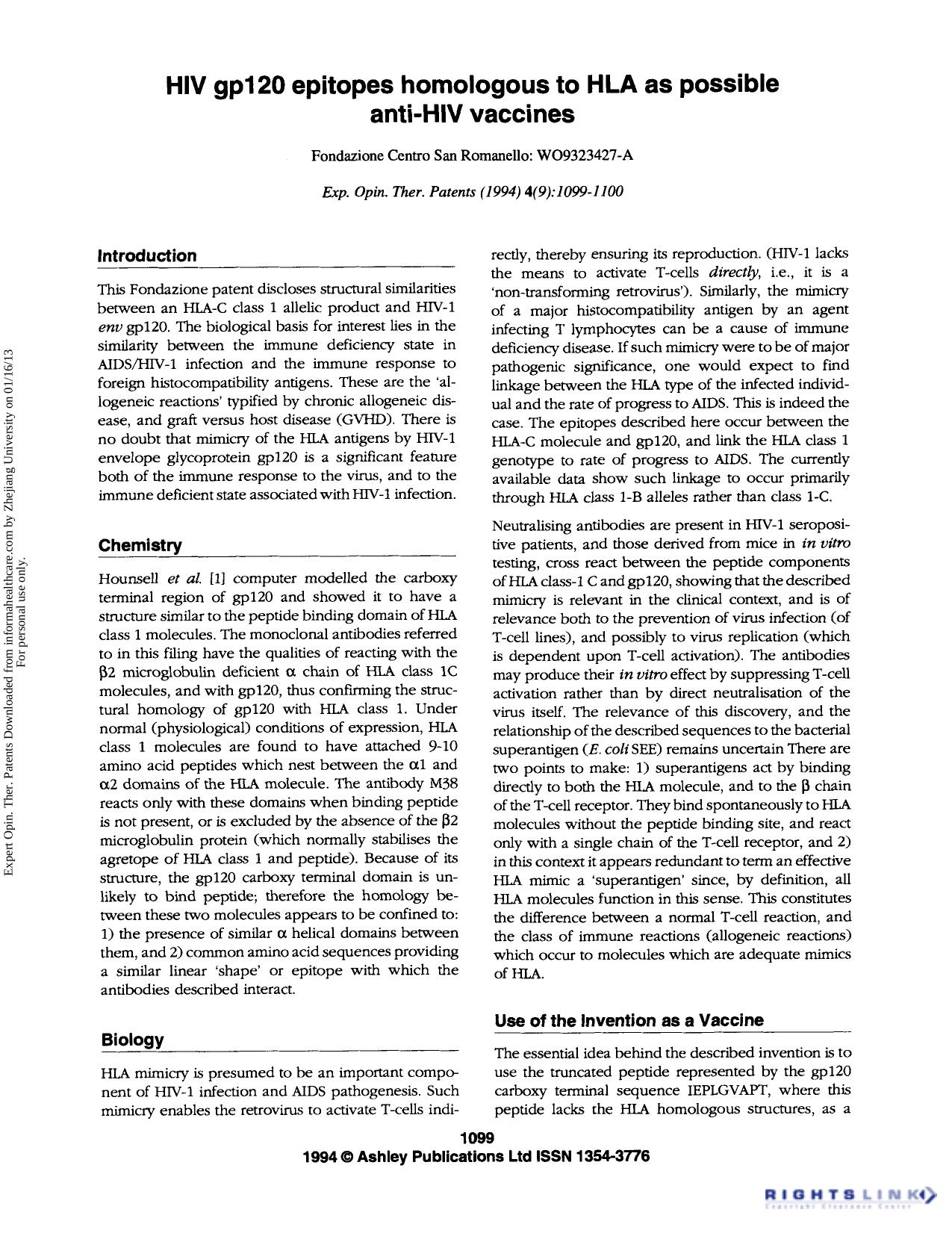 HIV gp120 epitopes homologous to HLA as possible anti-HIV vaccines by Unknown