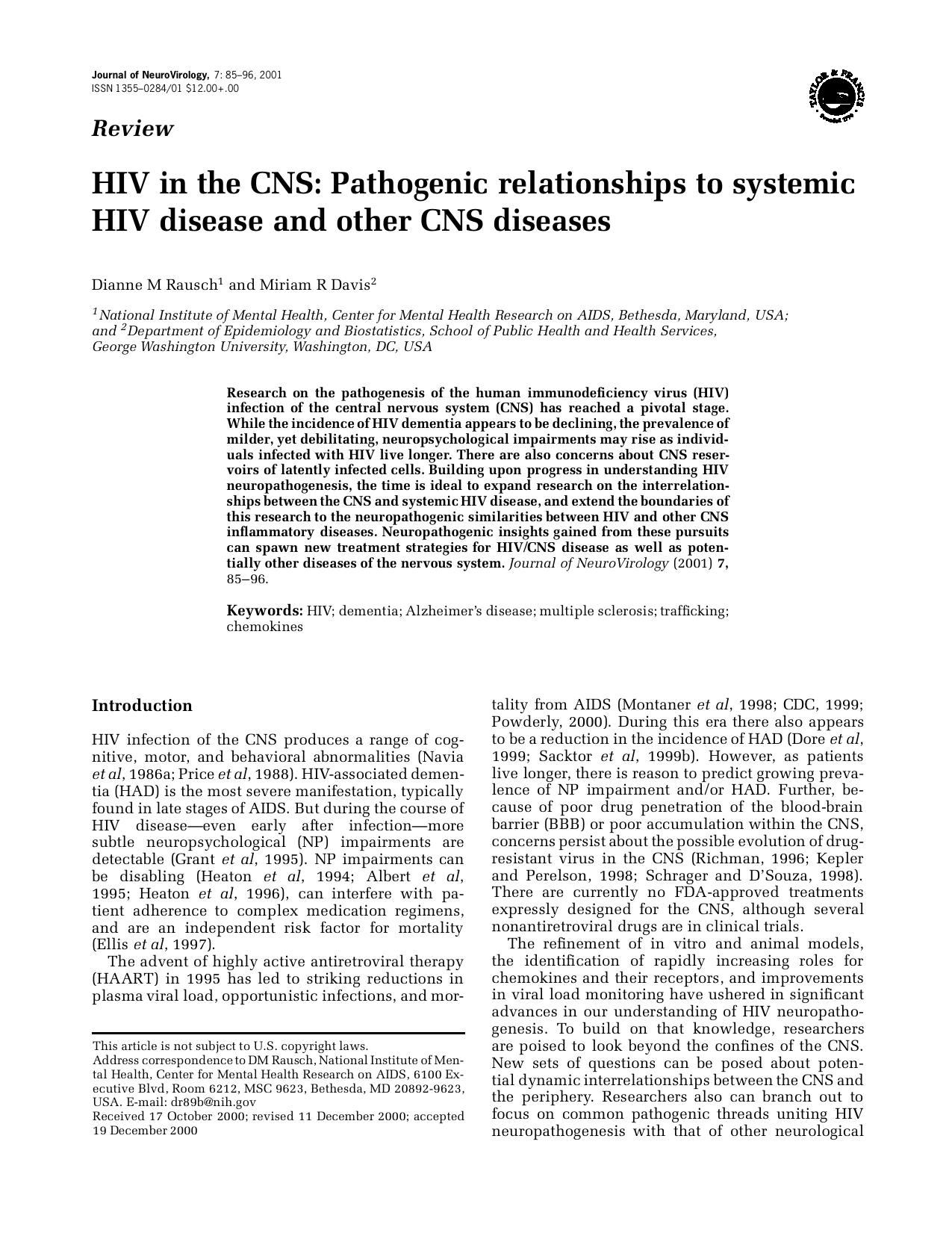 HIV in the CNS: Pathogenic relationships to systemic HIV disease and other CNS diseases by Unknown