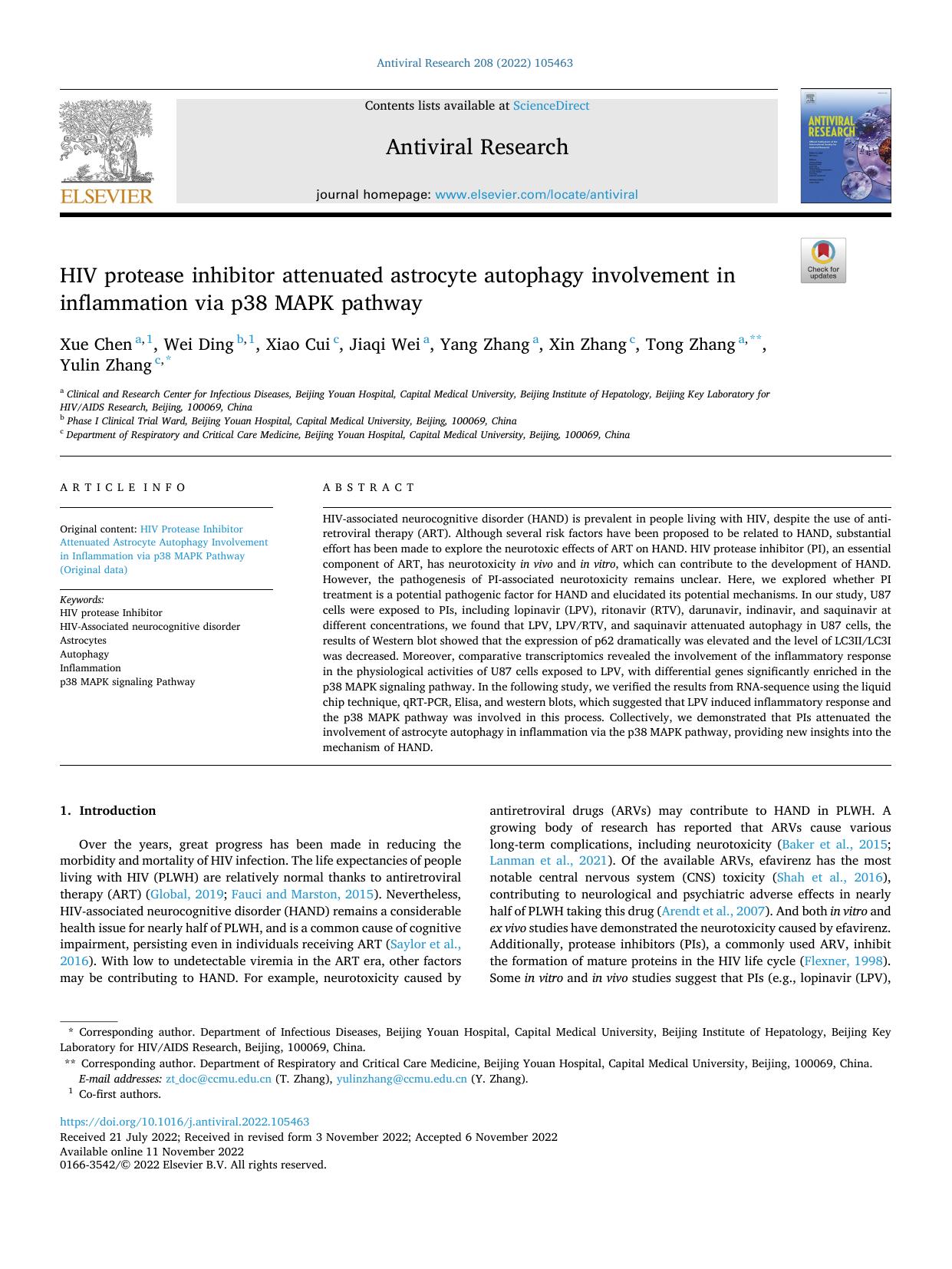 HIV protease inhibitor attenuated astrocyte autophagy involvement in inflammation via p38 MAPK pathway by Xue Chen & Wei Ding & Xiao Cui & Jiaqi Wei & Yang Zhang & Xin Zhang & Tong Zhang & Yulin Zhang