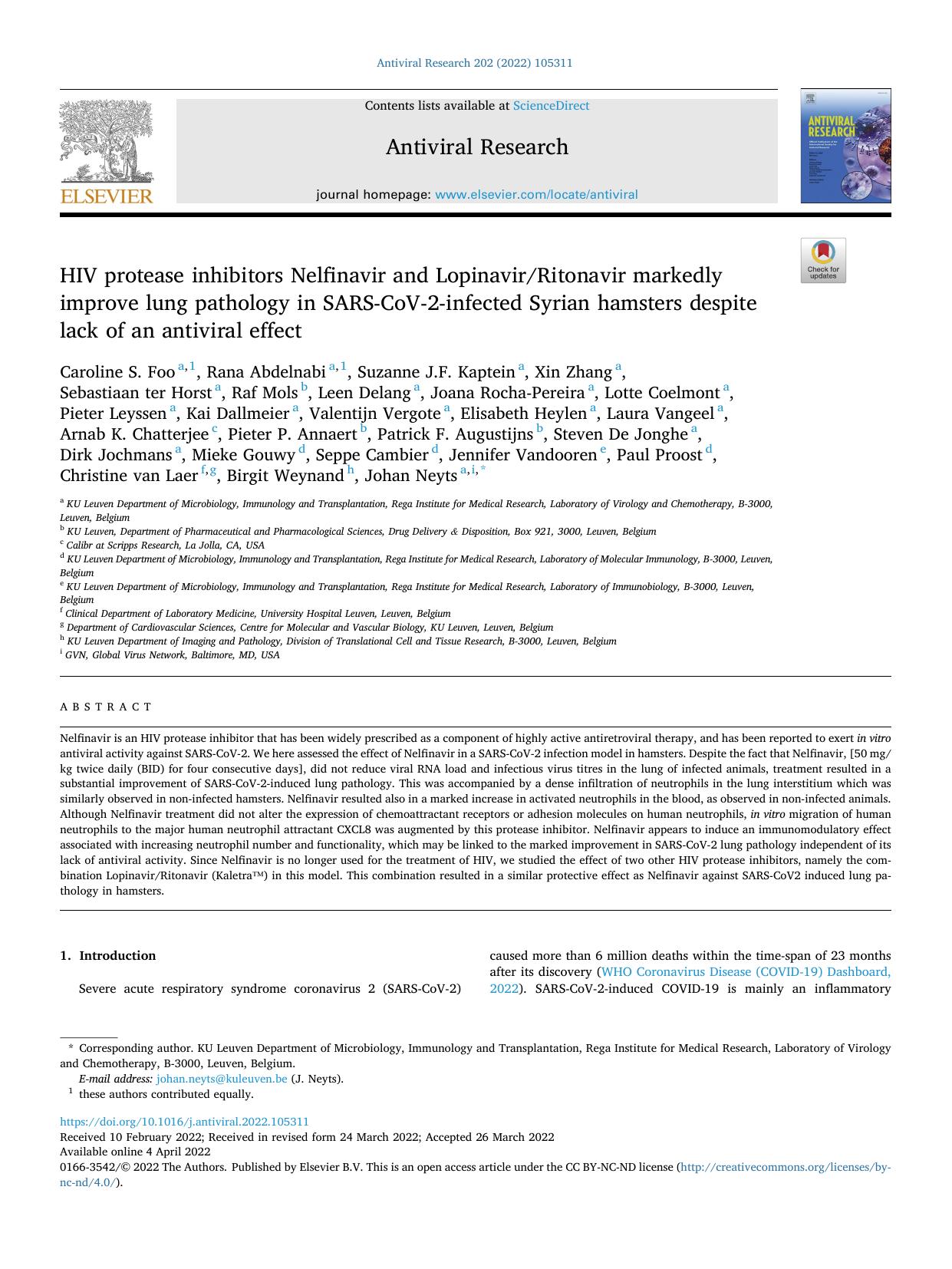 HIV protease inhibitors Nelfinavir and LopinavirRitonavir markedly improve lung pathology in SARS-CoV-2-infected Syrian hamsters despite lack of an antiviral effect by unknow