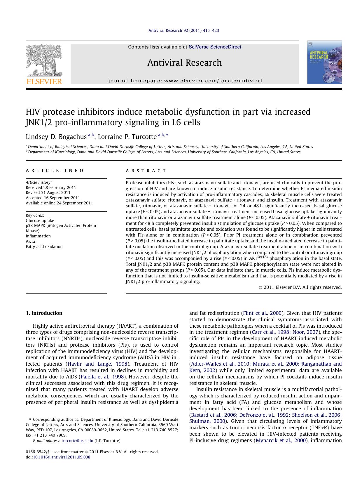 HIV protease inhibitors induce metabolic dysfunction in part via increased JNK12 pro-inflammatory signaling in L6 cells by Lindsey D. Bogachus & Lorraine P. Turcotte