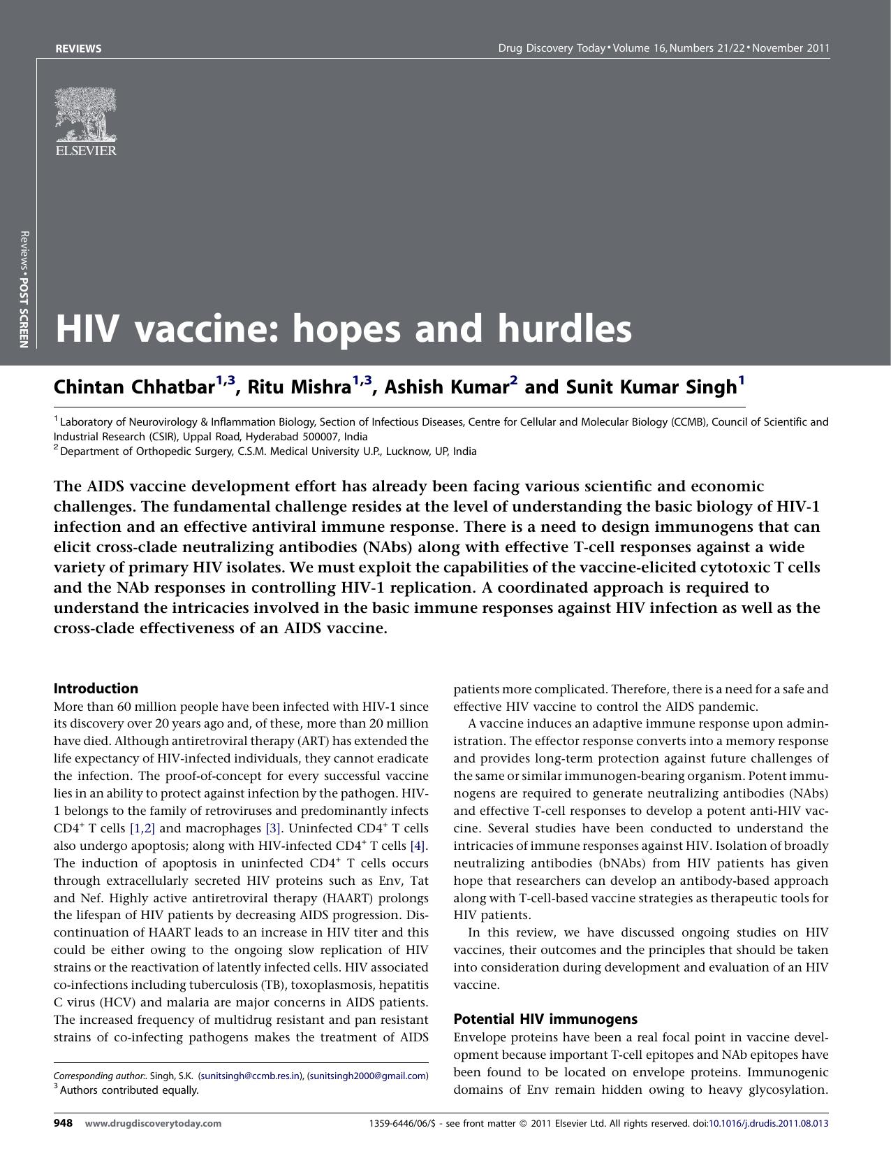 HIV vaccine: hopes and hurdles by Chintan Chhatbar