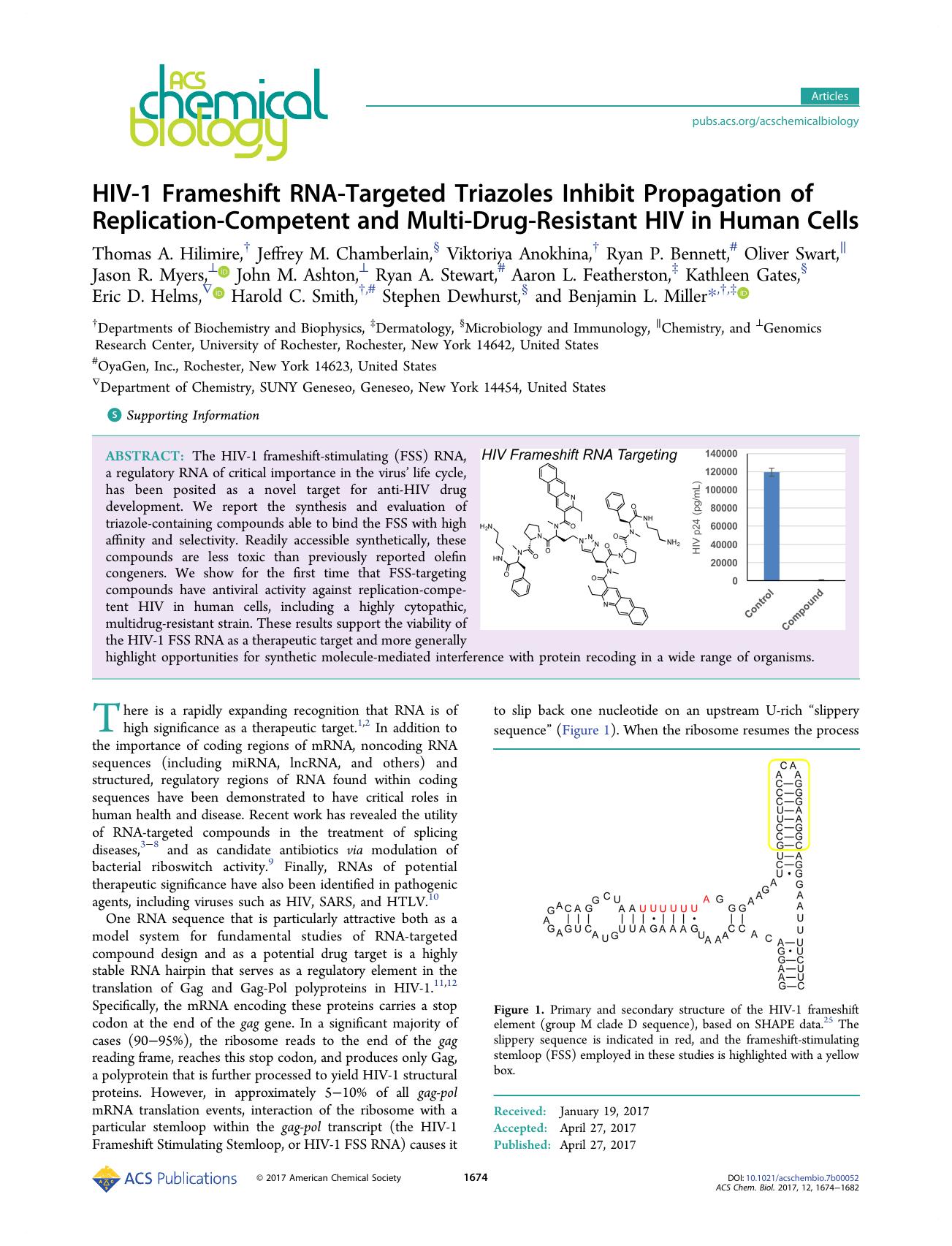 HIV-1 Frameshift RNA-Targeted Triazoles Inhibit Propagation of Replication-Competent and Multi-Drug-Resistant HIV in Human Cells by unknow