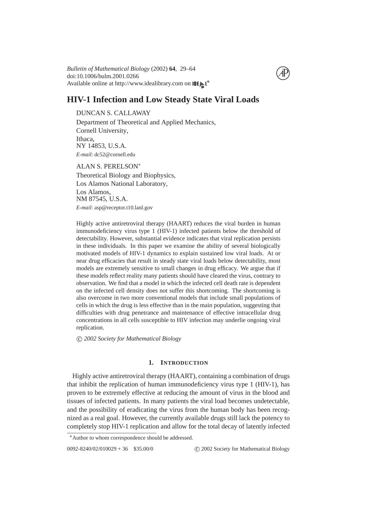 HIV-1 Infection and Low Steady State Viral Loads by D. S. Callaway & A. S. Perelson