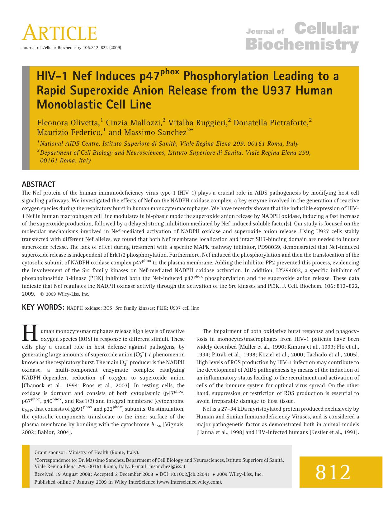 HIV-1 Nef induces p47phox phosphorylation leading to a rapid superoxide anion release from the U937 human monoblastic cell line by Unknown