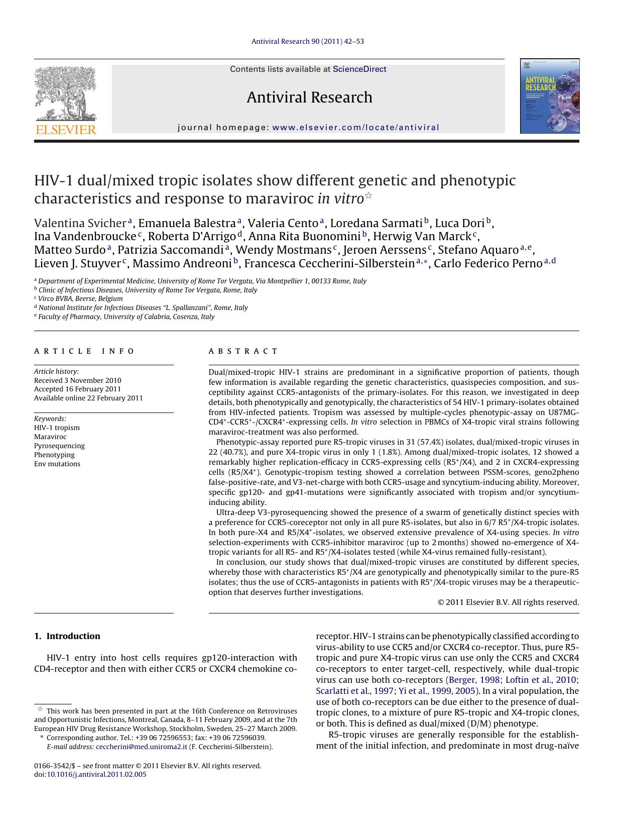 HIV-1 dualmixed tropic isolates show different genetic and phenotypic characteristics and response to maraviroc in vitro by Valentina Svicher