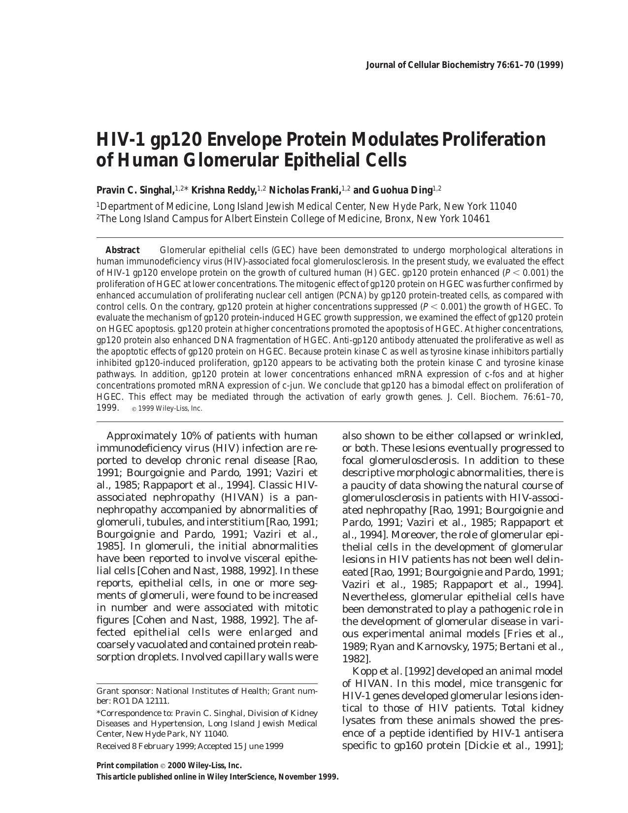 HIV-1 gp120 envelope protein modulates proliferation of human glomerular epithelial cells by Unknown