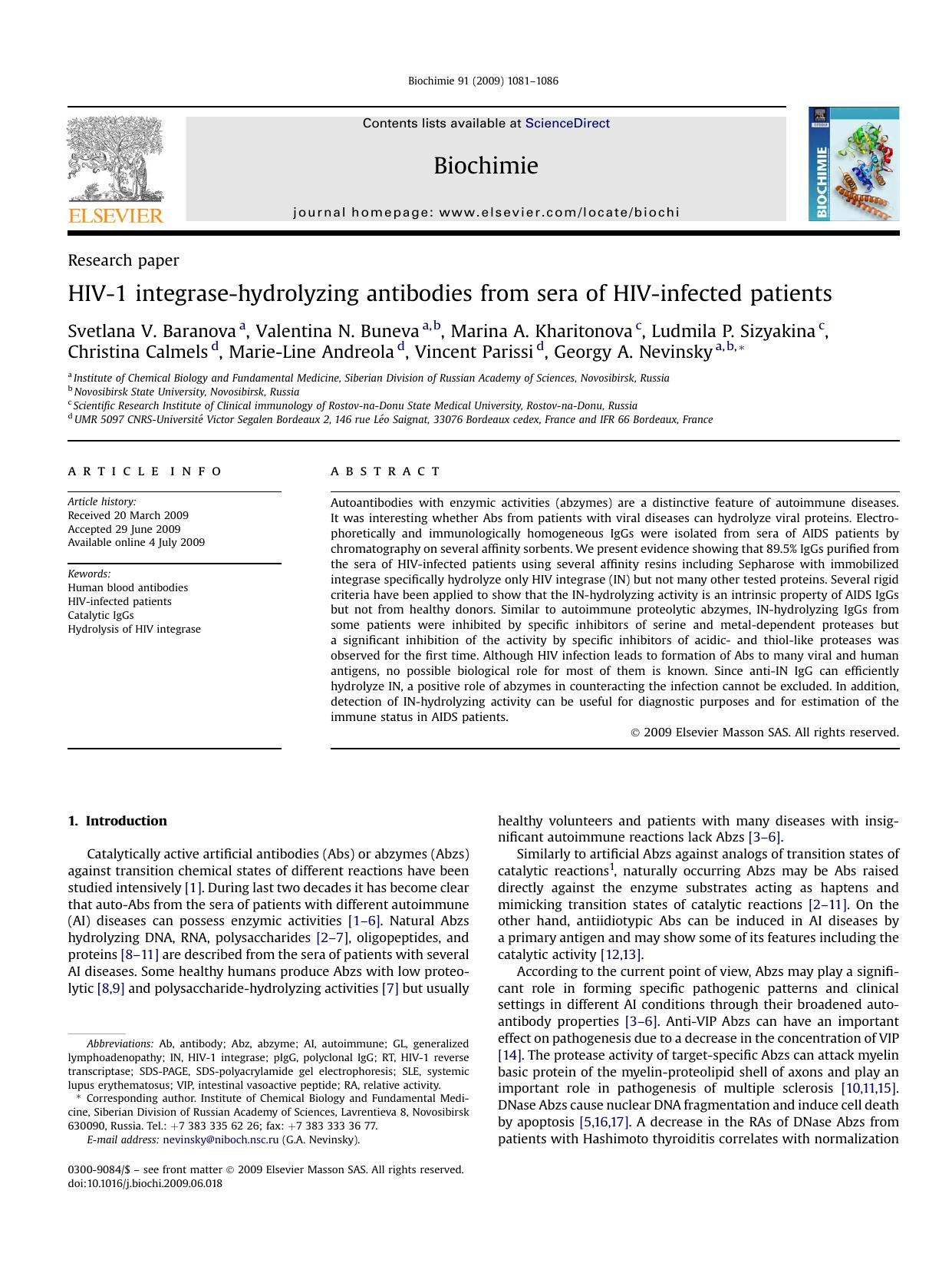 HIV-1 integrase-hydrolyzing antibodies from sera of HIV-infected patients by unknow
