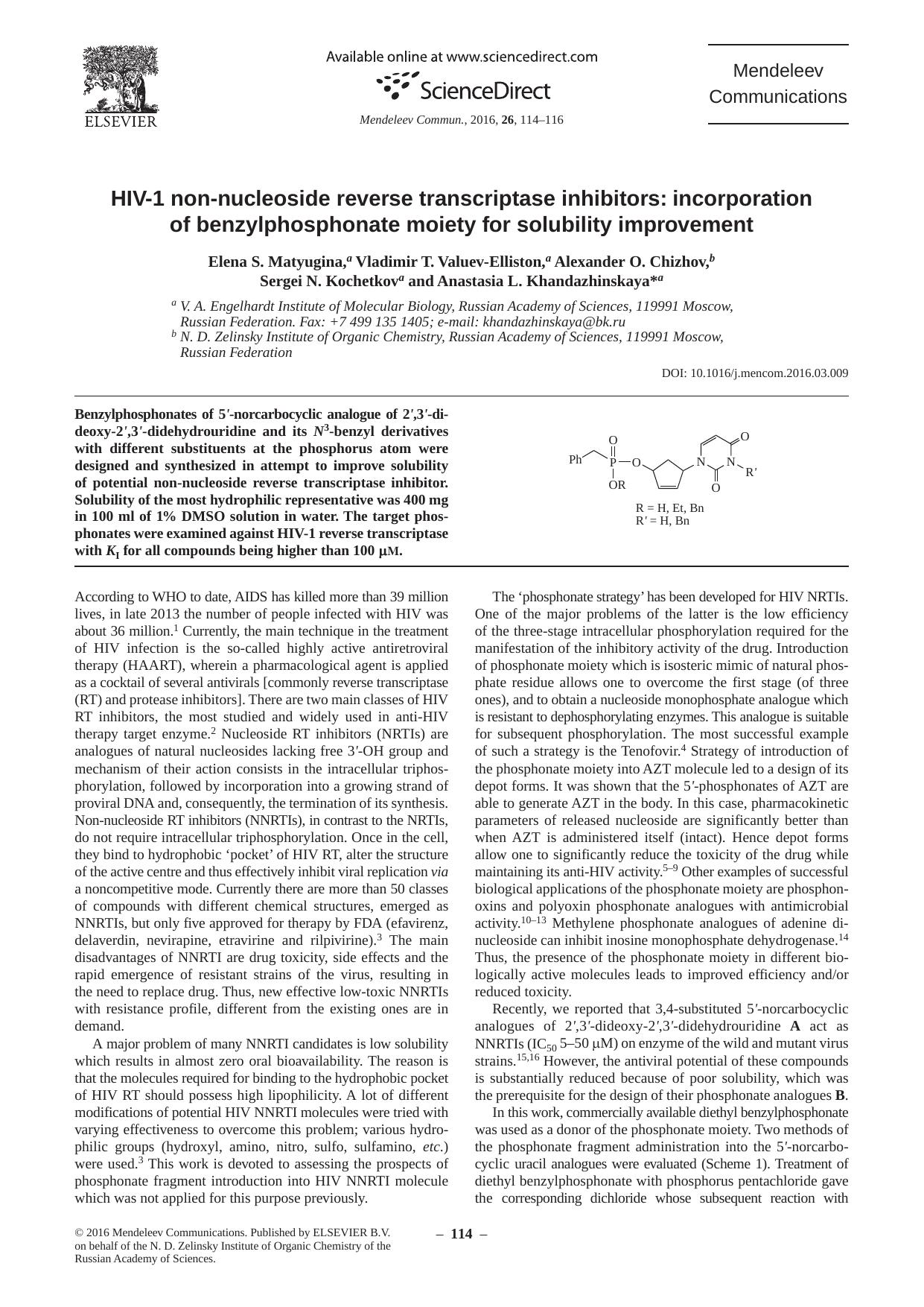 HIV-1 non-nucleoside reverse transcriptase inhibitors: incorporation of benzylphosphonate moiety for solubility improvement by unknow