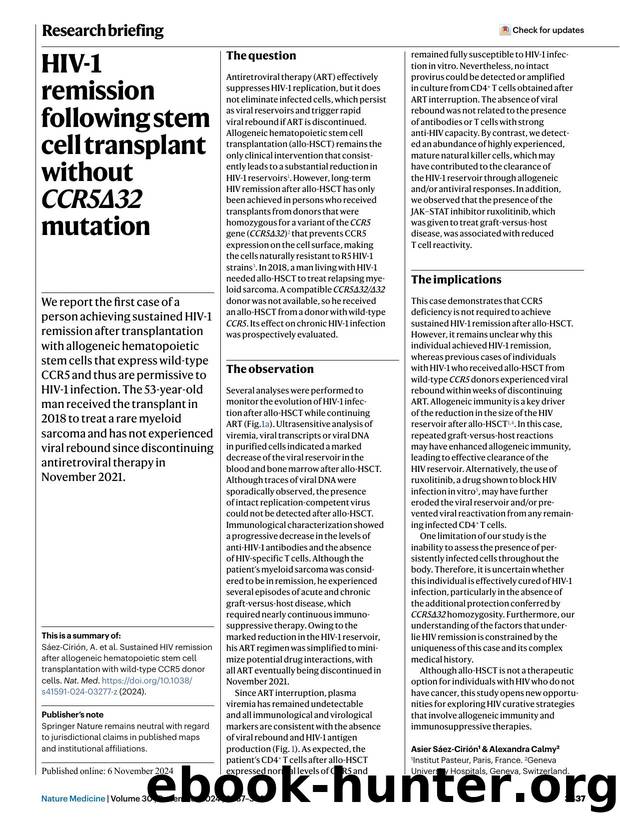 HIV-1 remission following stem cell transplant without CCR5Î32 mutation by Unknown