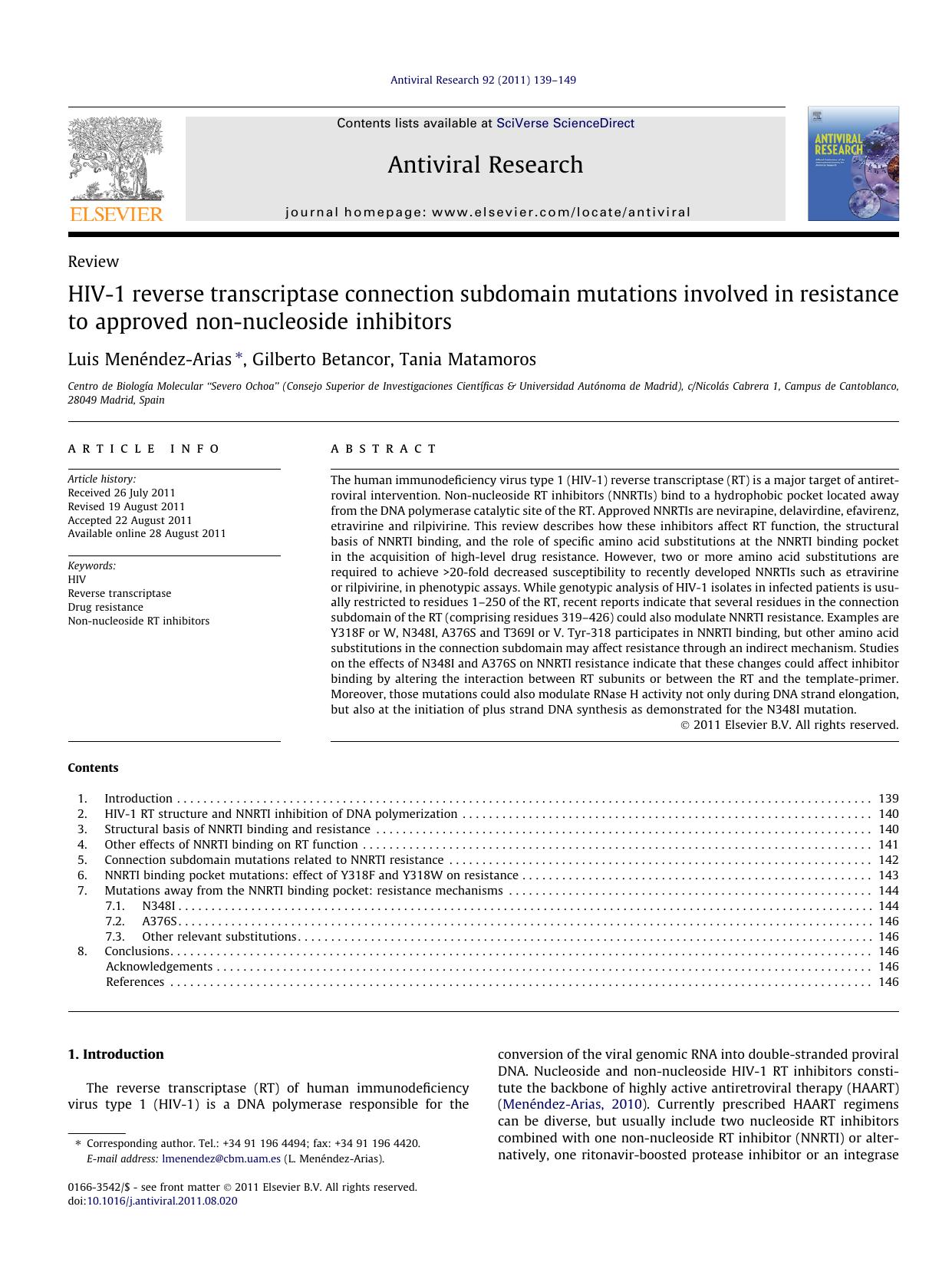 HIV-1 reverse transcriptase connection subdomain mutations involved in resistance to approved non-nucleoside inhibitors by Luis MenÃ©ndez-Arias & Gilberto Betancor & Tania Matamoros