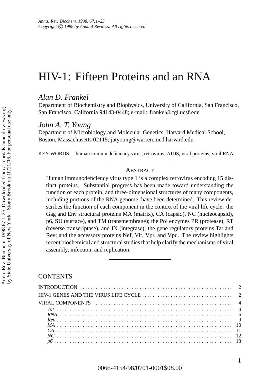 HIV-1: Fifteen Proteins and an RNA by Alan D. Frankel John A. T. Young