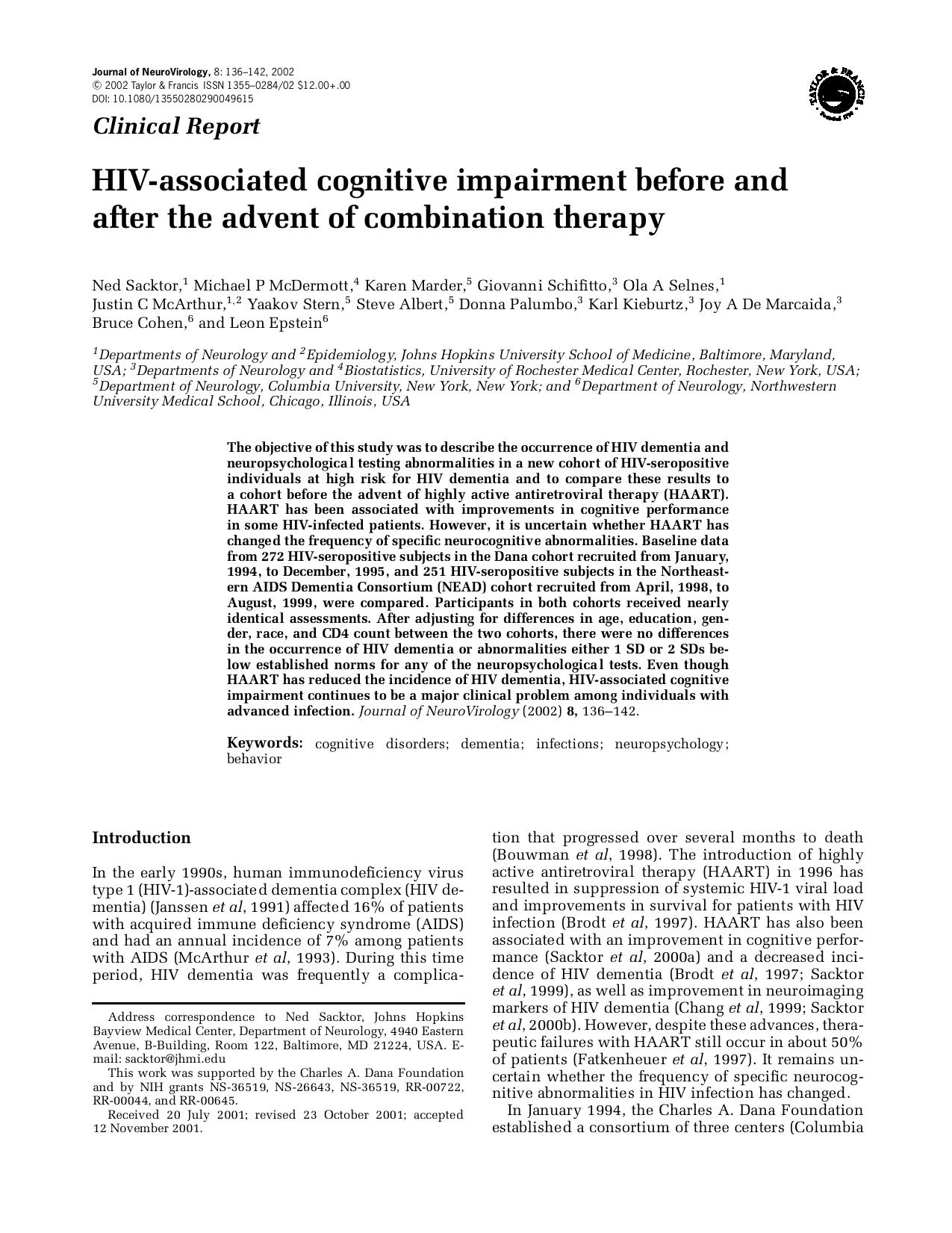 HIV-associated cognitive impairment before and after the advent of combination therapy by Unknown