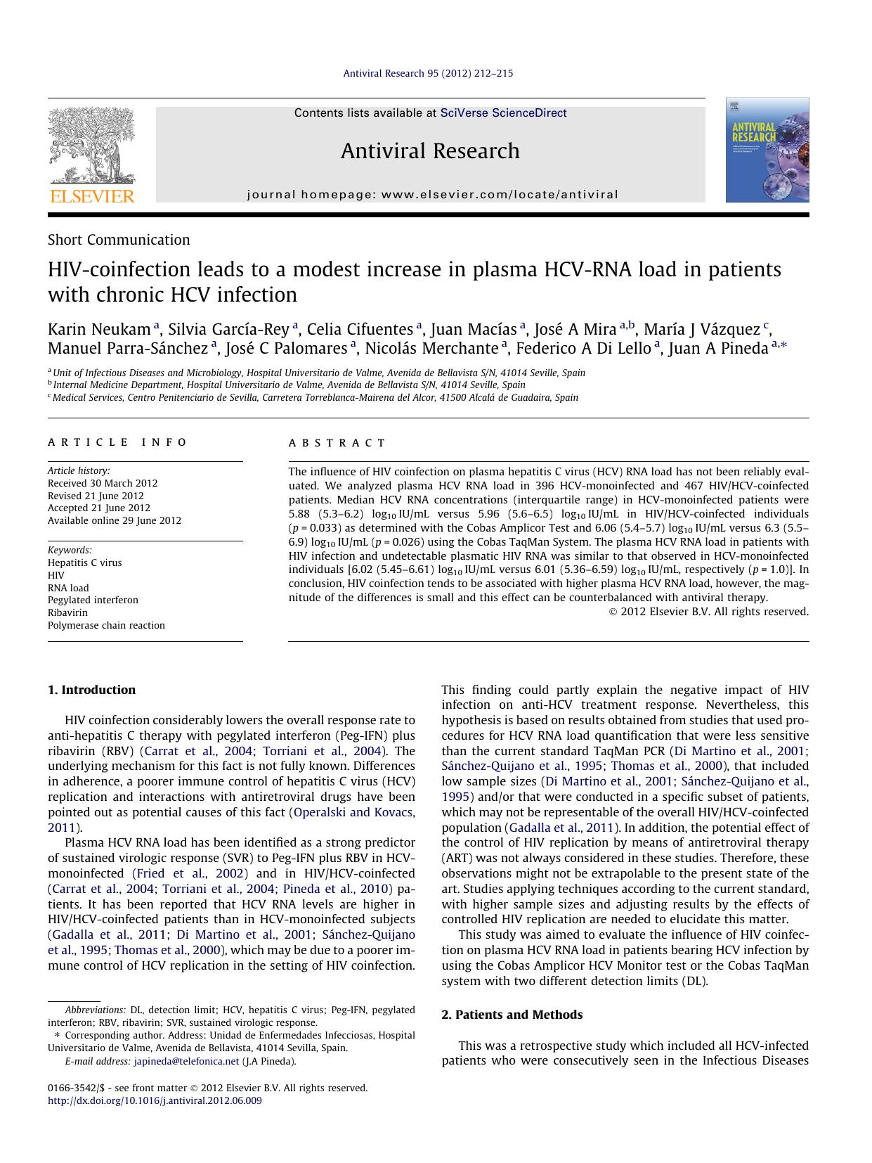 HIV-coinfection leads to a modest increase in plasma HCV-RNA load in patients with chronic HCV infection by unknow