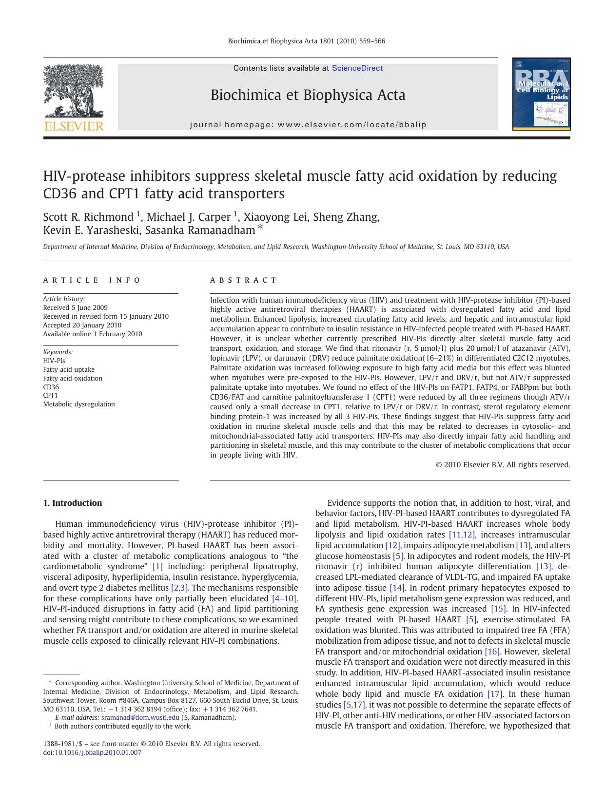 HIV-protease inhibitors suppress skeletal muscle fatty acid oxidation by reducing CD36 and CPT1 fatty acid transporters by unknow