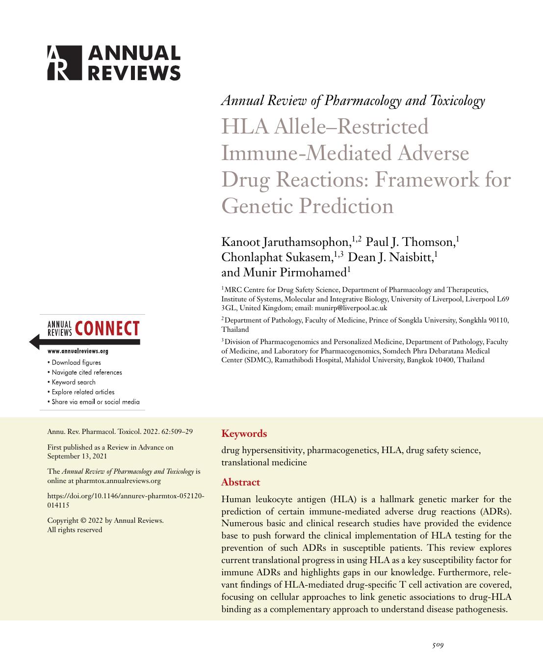 HLA AlleleâRestricted Immune-Mediated Adverse Drug Reactions: Framework for Genetic Prediction by Kanoot Jaruthamsophon Paul J. Thomson Chonlaphat Sukasem Dean J. Naisbitt Munir Pirmohamed