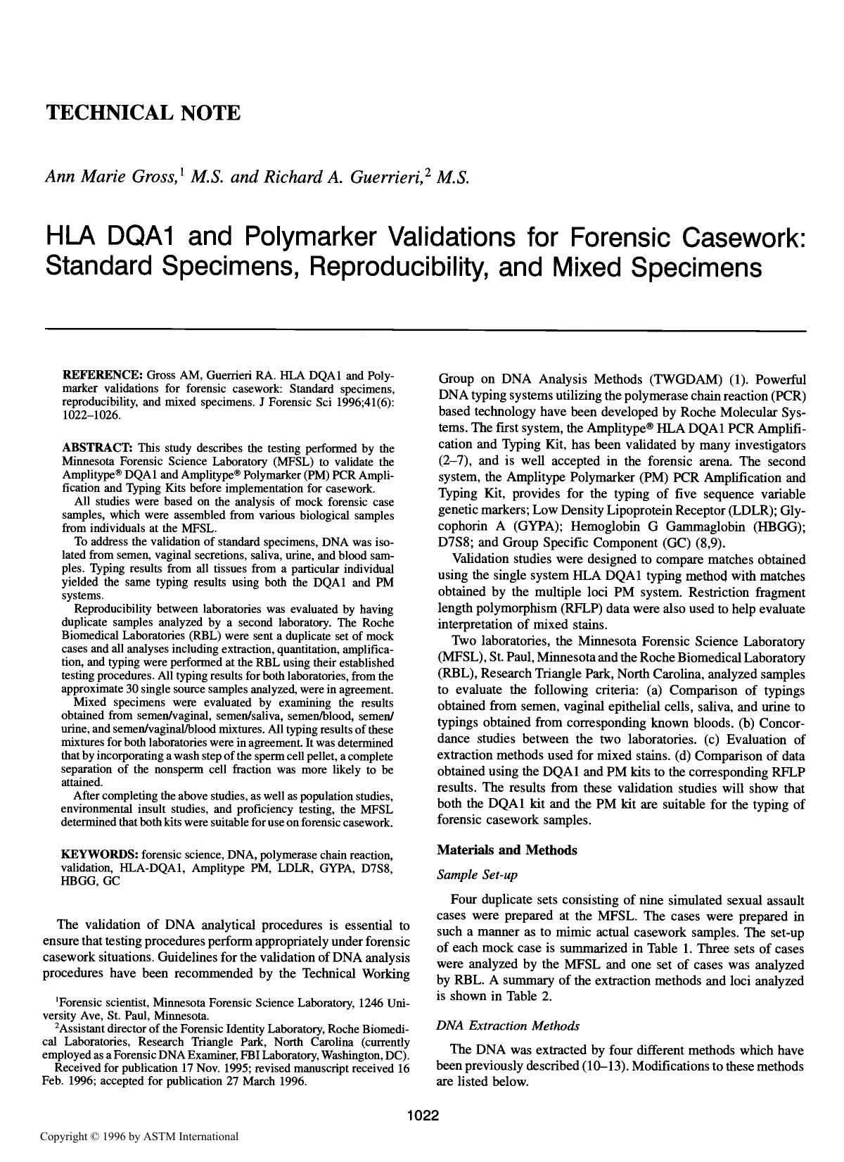 HLA DQA1 and Polymarker validations for forensic casework: Standard specimens, reproducibility, and mixed specimens by Gross AM Guerrieri RA