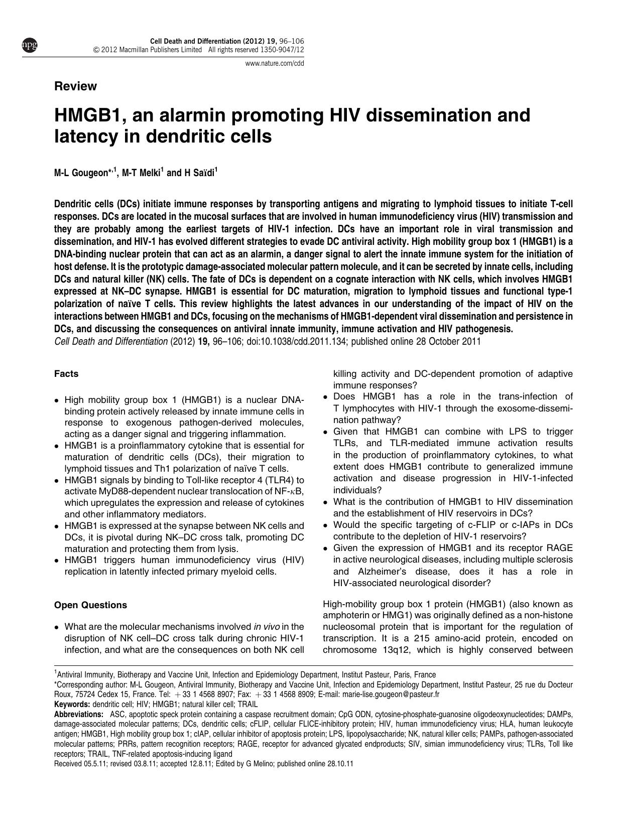 HMGB1, an alarmin promoting HIV dissemination and latency in dendritic cells by M-L Gougeon & M-T Melki & H Sa&&iuml;di &