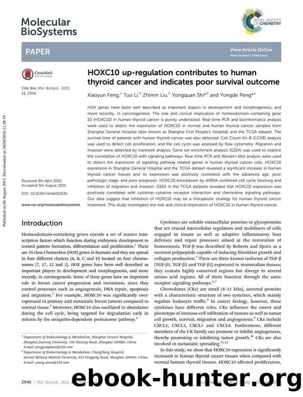 HOXC10 up-regulation contributes to human thyroid cancer and indicates poor survival outcome by Xiaoyun Feng & Tuo Li & Zhimin Liu & Yongquan Shi & Yongde Peng