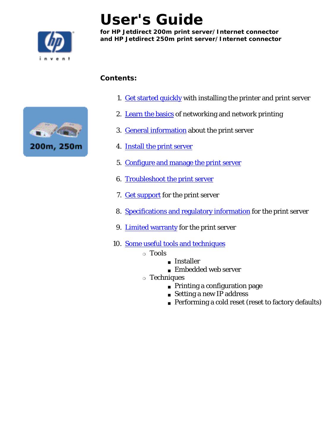 HP Jetdirect 200m and 250m user's guide by Unknown