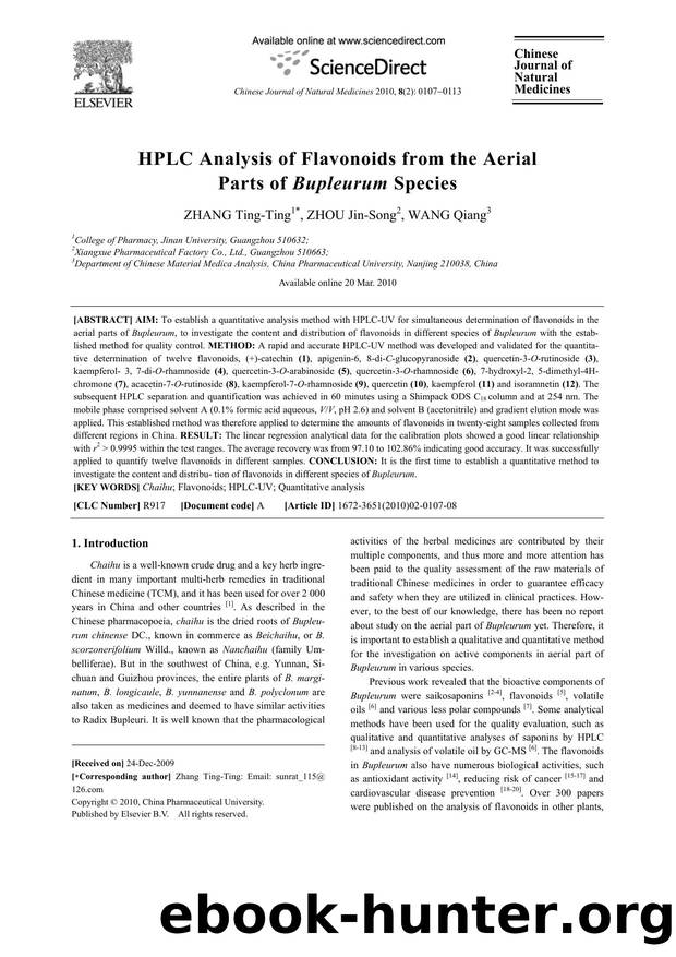 HPLC Analysis of Flavonoids from the Aerial Parts of Bupleurum Species by Ting-Ting ZHANG; Jin-Song ZHOU; Qiang WANG