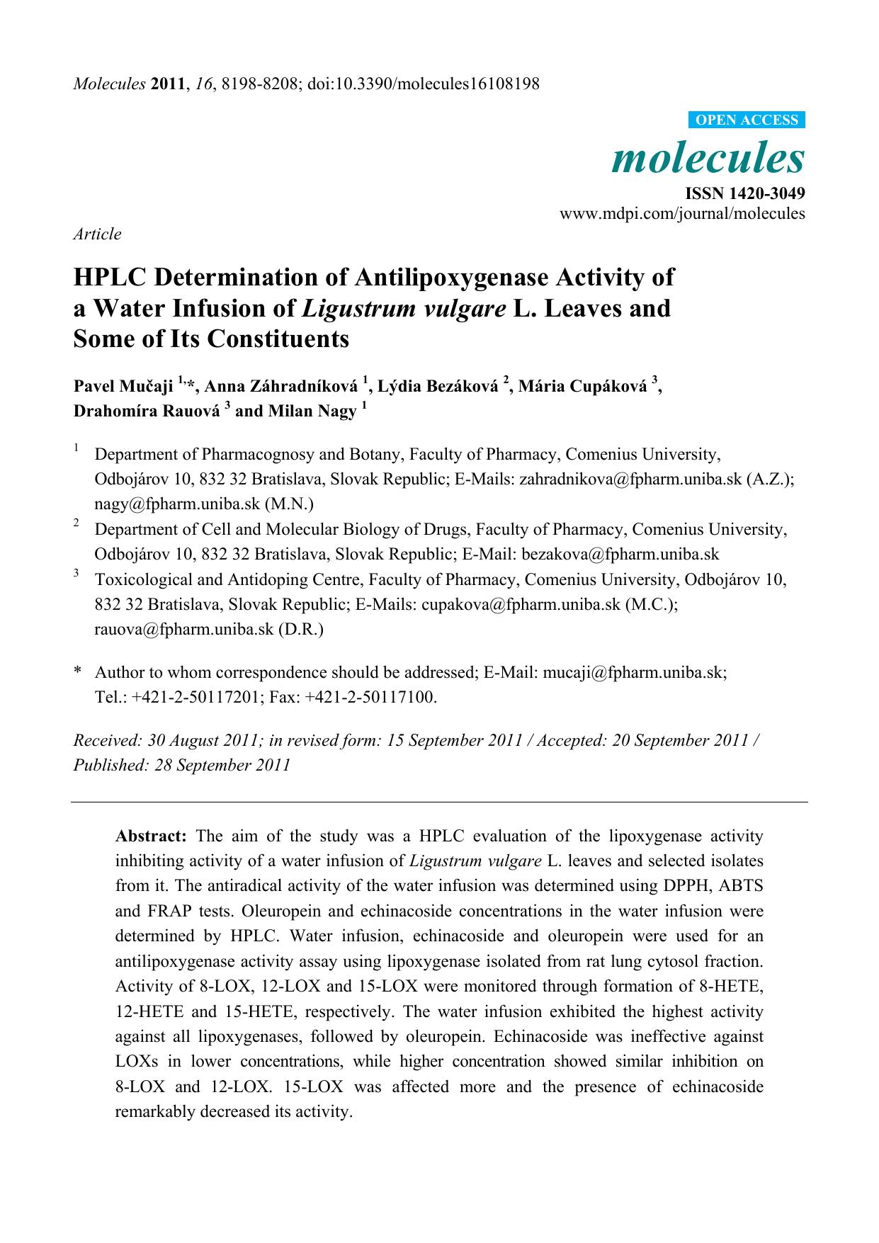 HPLC Determination of Antilipoxygenase Activity of a Water Infusion of Ligustrum vulgare L. Leaves and Some of Its Constituents by unknow