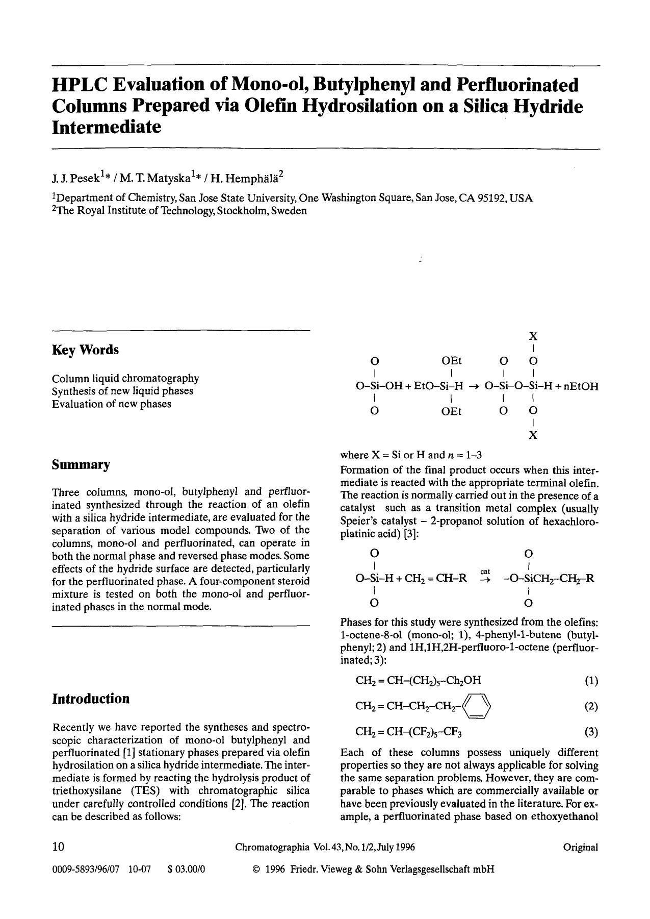 HPLC evaluation of mono-ol, butylphenyl and perfluorinated columns prepared via olefin hydrosilation on a silica hydride intermediate by Unknown