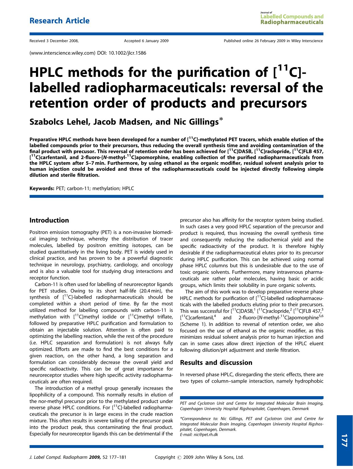 HPLC methods for the purification of [11C]-labelled radiopharmaceuticals: reversal of the retention order of products and precursors by Unknown