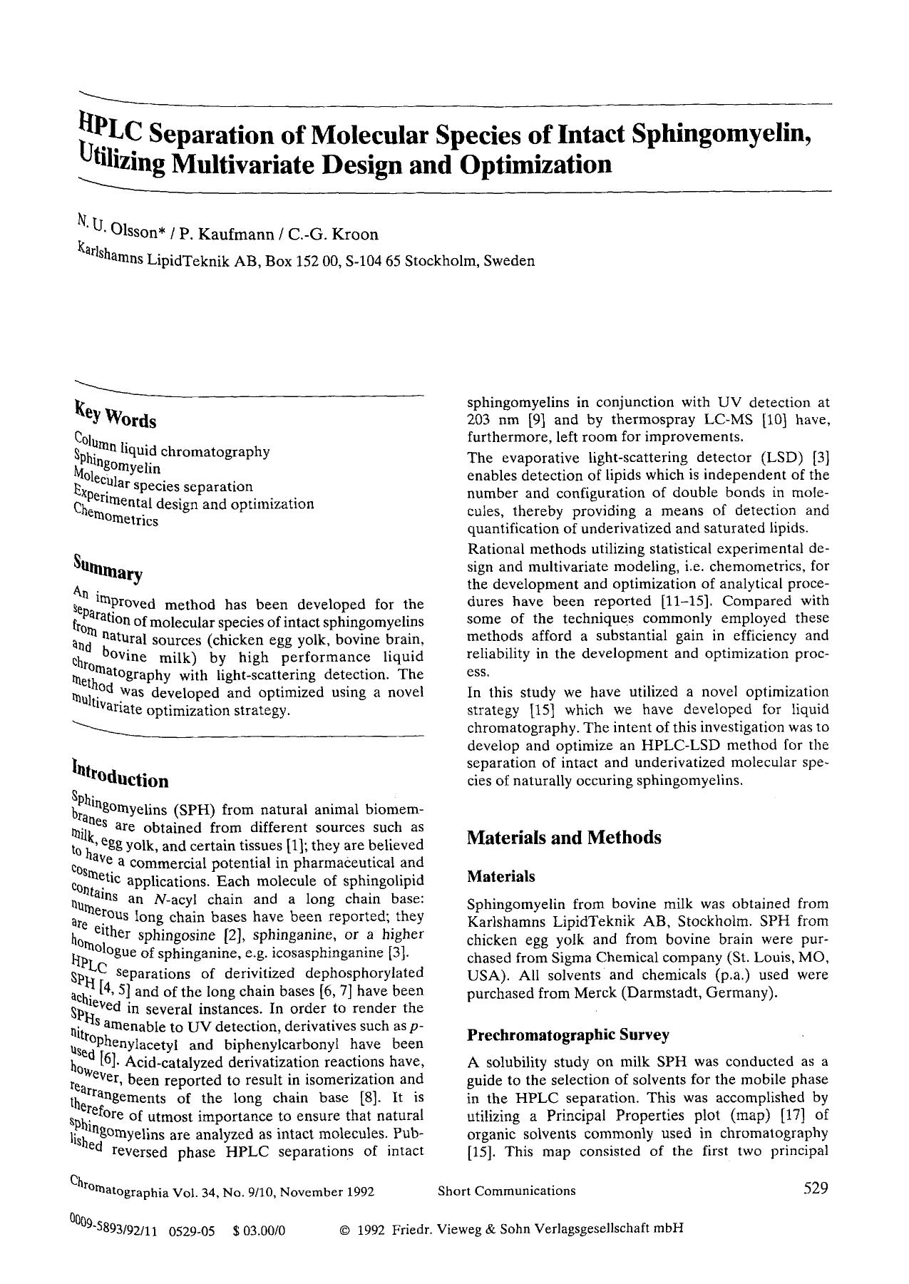 HPLC separation of molecular species of intact sphingomyelin, utilizing multivariate design and optimization by Unknown