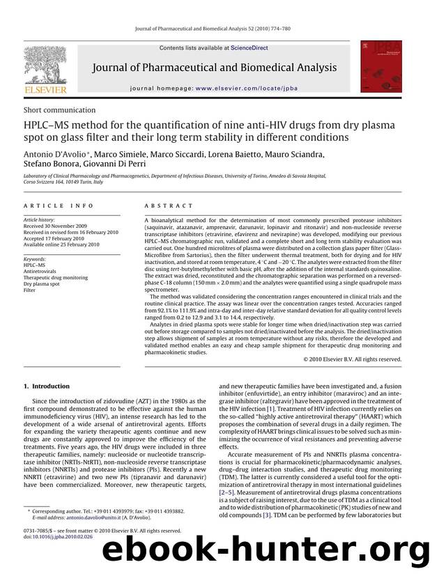 HPLCÃ¢â¬âMS method for the quantification of nine anti-HIV drugs from dry plasma spot on glass filter and their long term stability in different conditions by unknow