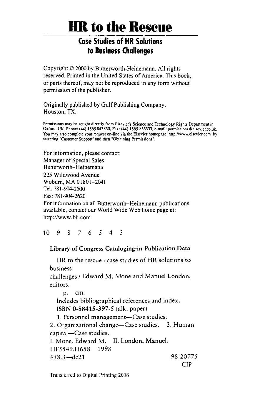 HR to the Rescue. Case Studies of HR Solutions to Business Challenges by Edward M. Mone and Manuel London Ph.D. (Eds.)