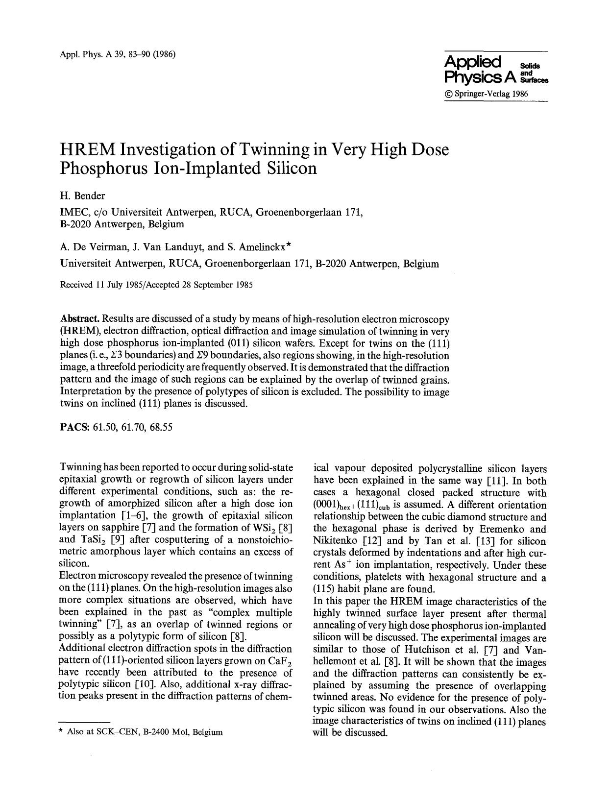 HREM investigation of twinning in very high dose phosphorus ion-implanted silicon by Unknown