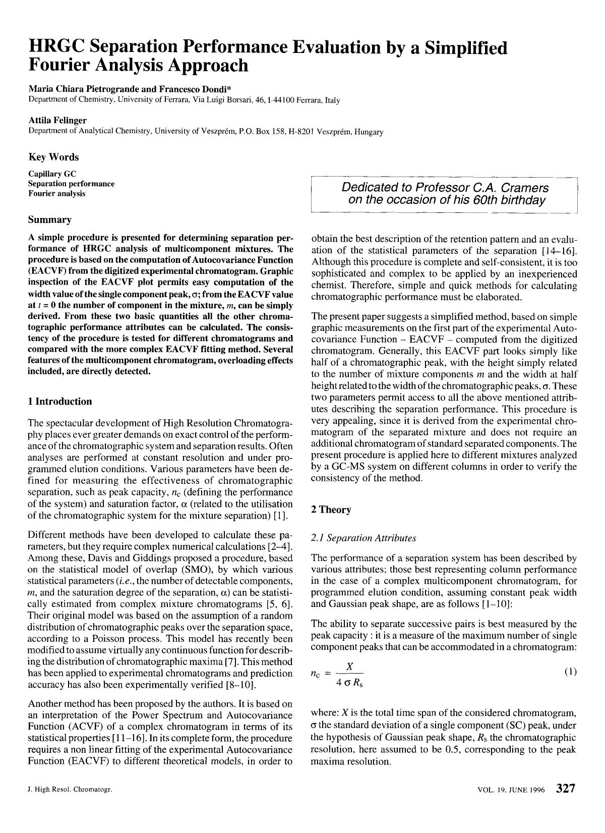 HRGC separation performance evaluation by a simplified fourier analysis approach by Unknown