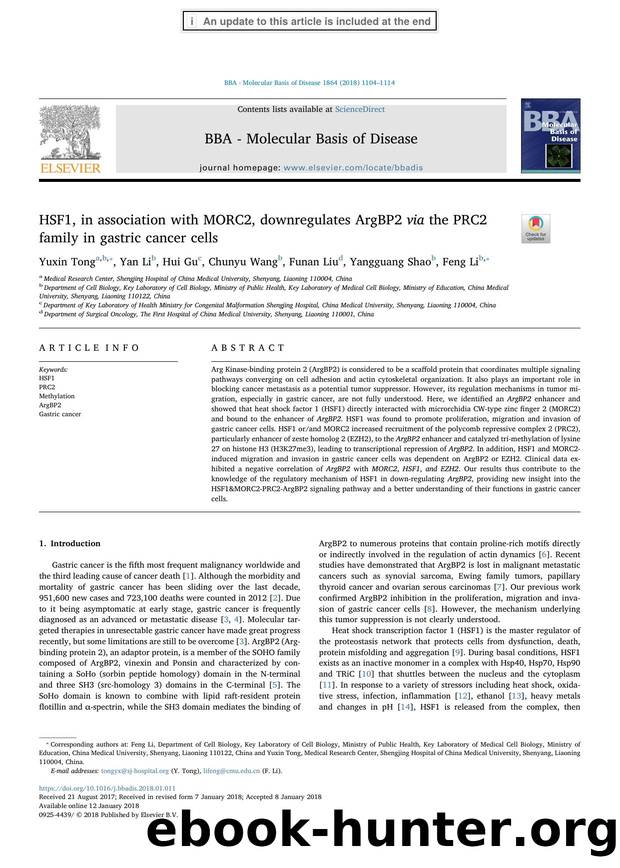 HSF1, in association with MORC2, downregulates ArgBP2 via the PRC2 family in gastric cancer cells by Yuxin Tong & Yan Li & Hui Gu & Chunyu Wang & Funan Liu & Yangguang Shao & Feng Li