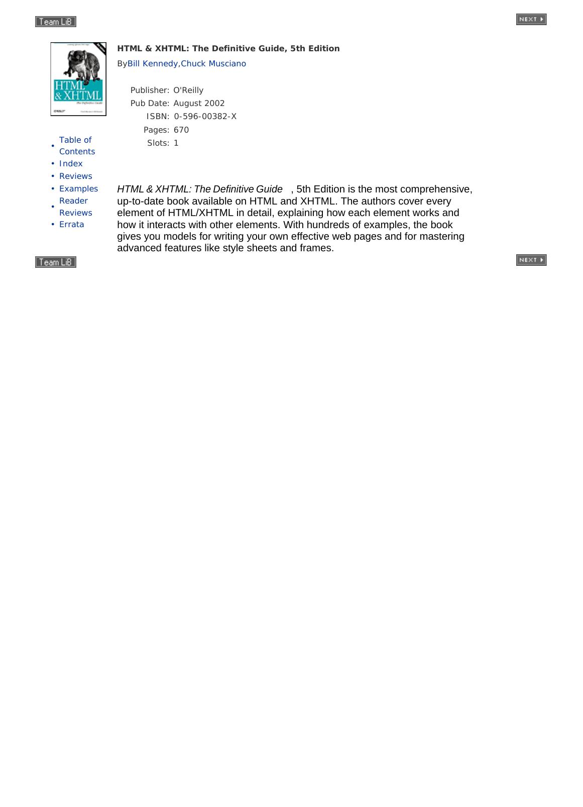 HTML & XHTML: The Definitive Guide, 5th Edition by Chuck Musciano Bill Kennedy