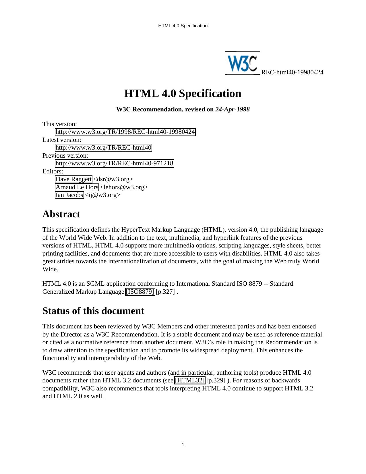HTML 4.0 Specification by Dave Raggett