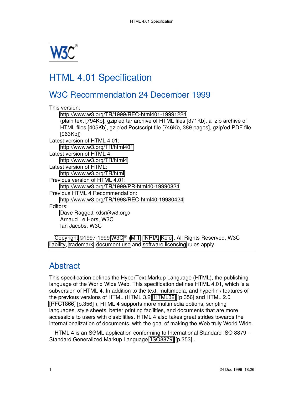 HTML 4.01 Specification by Unknown