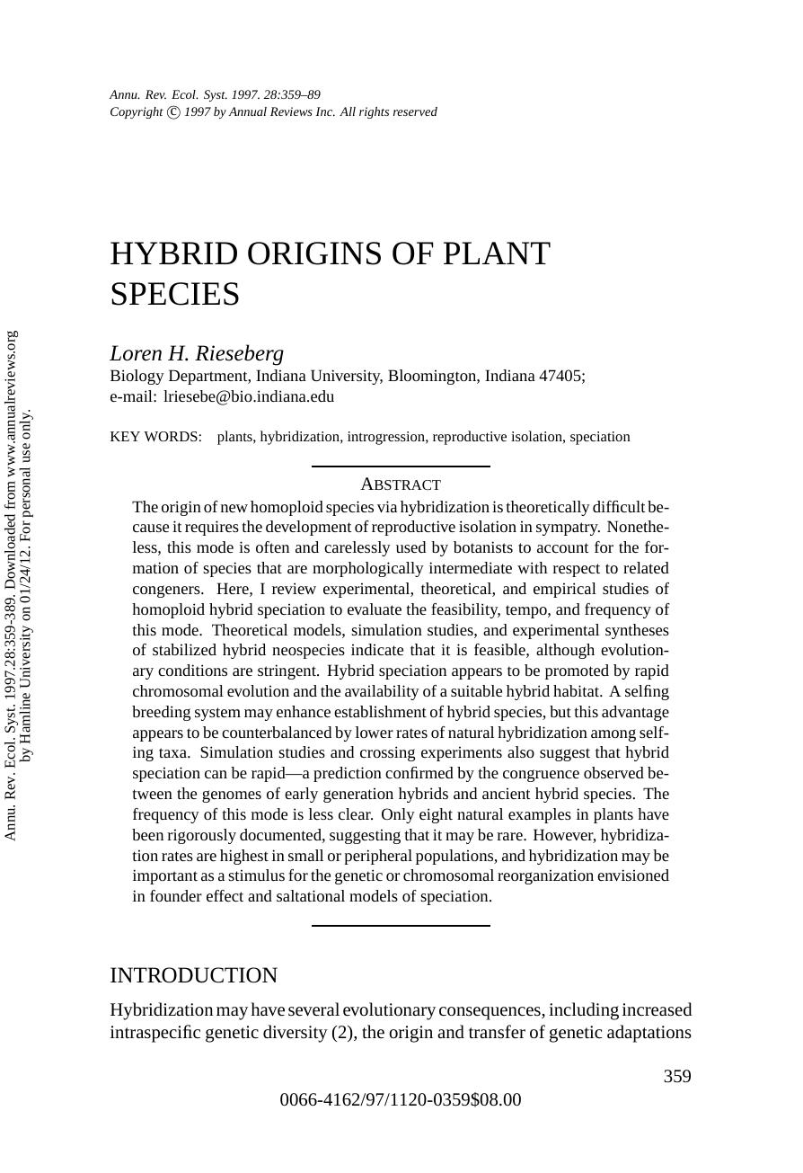 HYBRID ORIGINS OF PLANT SPECIES by Loren H. Rieseberg