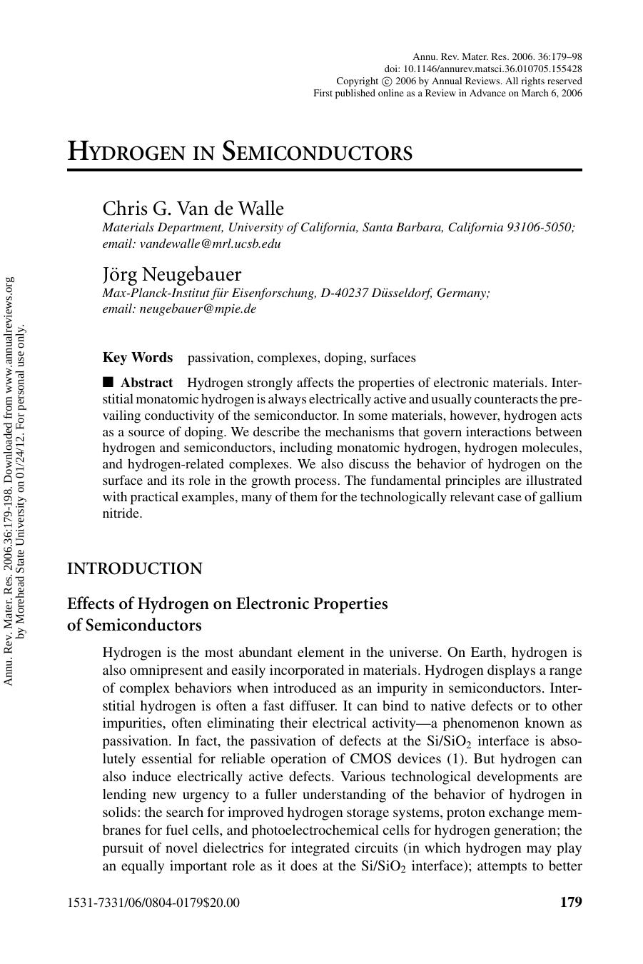 HYDROGEN IN SEMICONDUCTORS by Chris G. Van de Walle Jörg Neugebauer