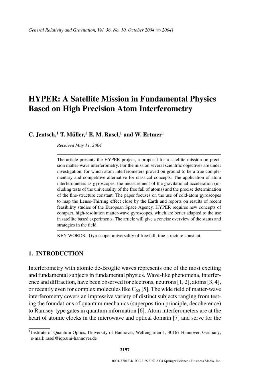 HYPER: A Satellite Mission in Fundamental Physics Based on High Precision Atom Interferometry by Unknown