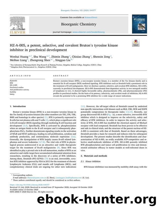 HZ-A-005, a potent, selective, and covalent Brutonâs tyrosine kinase inhibitor in preclinical development by unknow