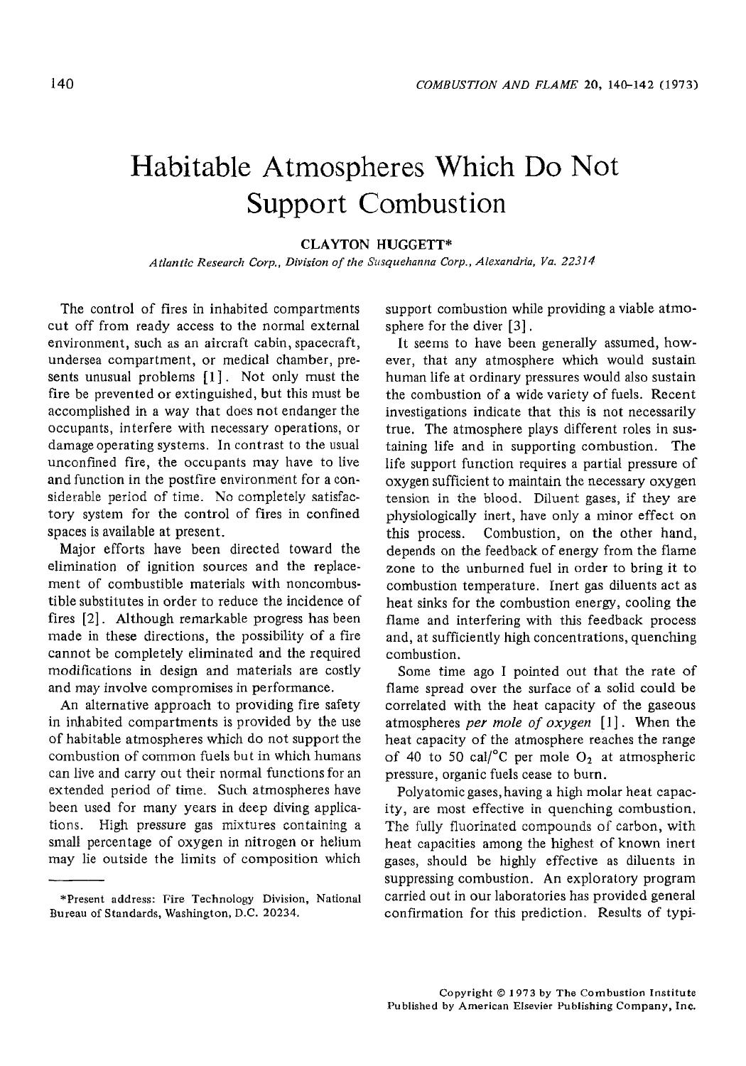 Habitable atmospheres which do not support combustion by Clayton Huggett