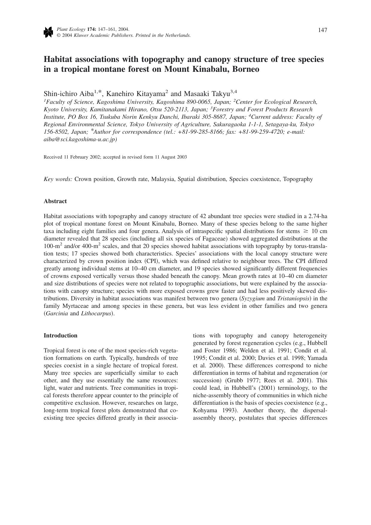 Habitat associations with topography and canopy structure of tree species in a tropical montane forest on Mount Kinabalu, Borneo by Unknown