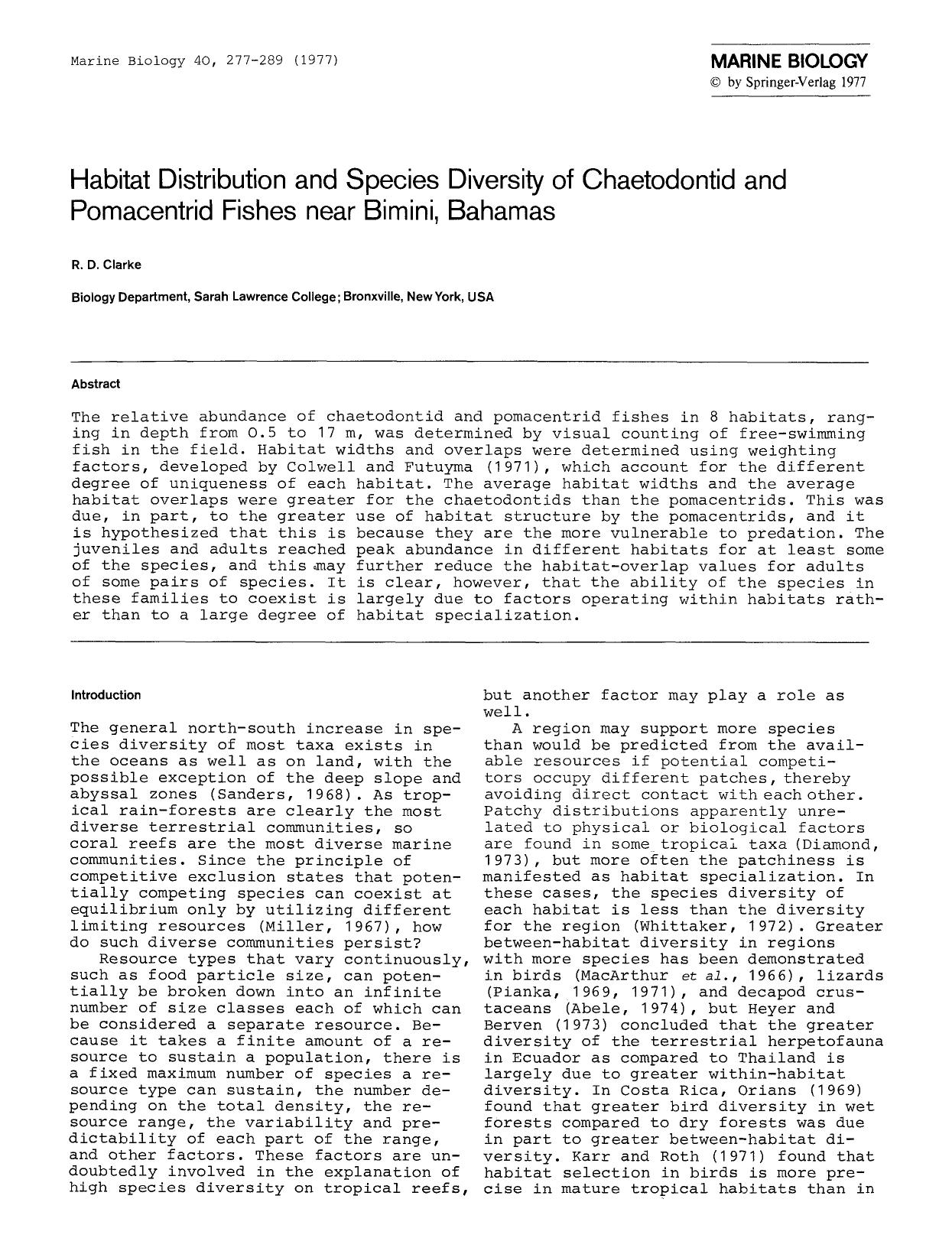 Habitat distribution and species diversity of chaetodontid and pomacentrid fishes near Bimini, Bahamas by Unknown