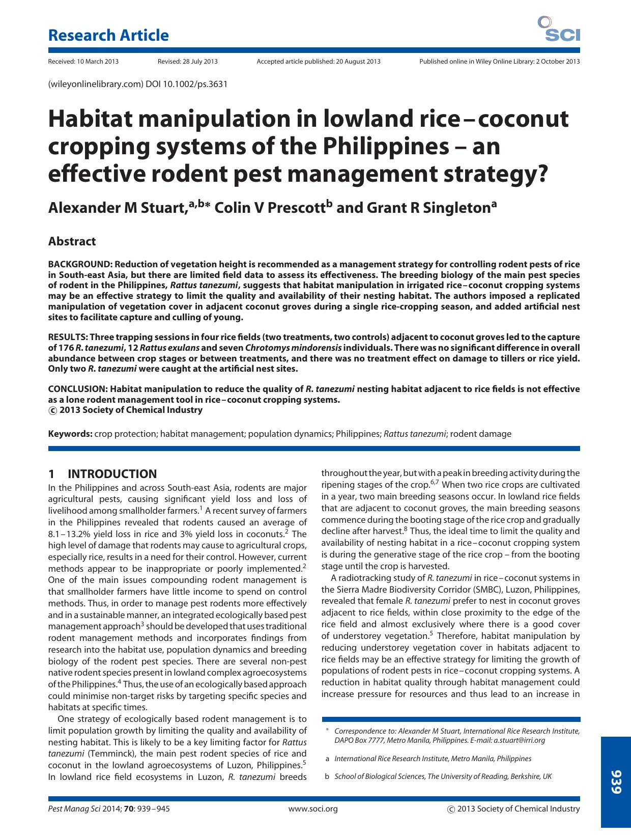 Habitat manipulation in lowland ricecoconut cropping systems of the Philippinesan effective rodent pest management strategy? by Unknown
