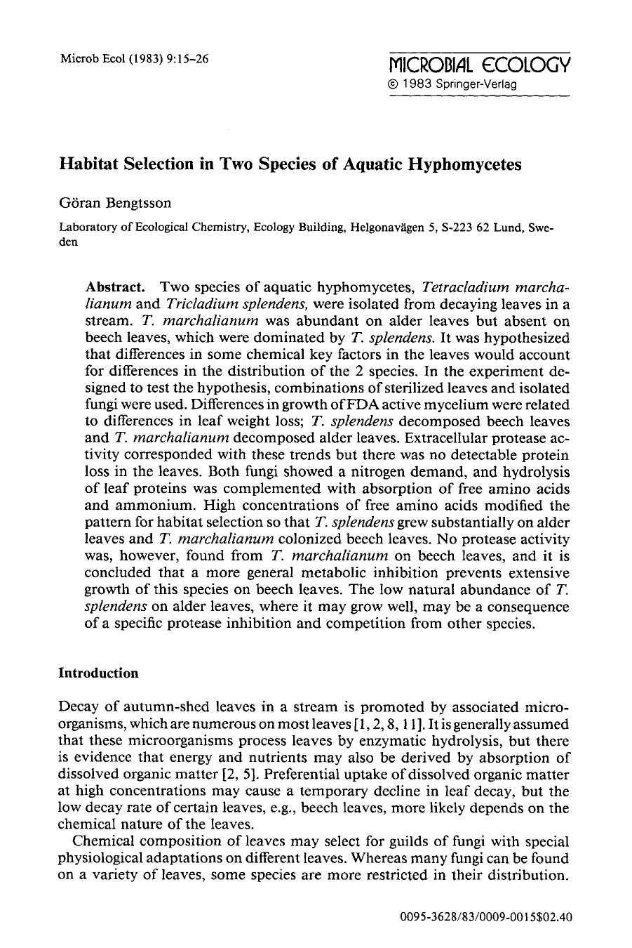 Habitat selection in two species of aquatic hyphomycetes by Unknown