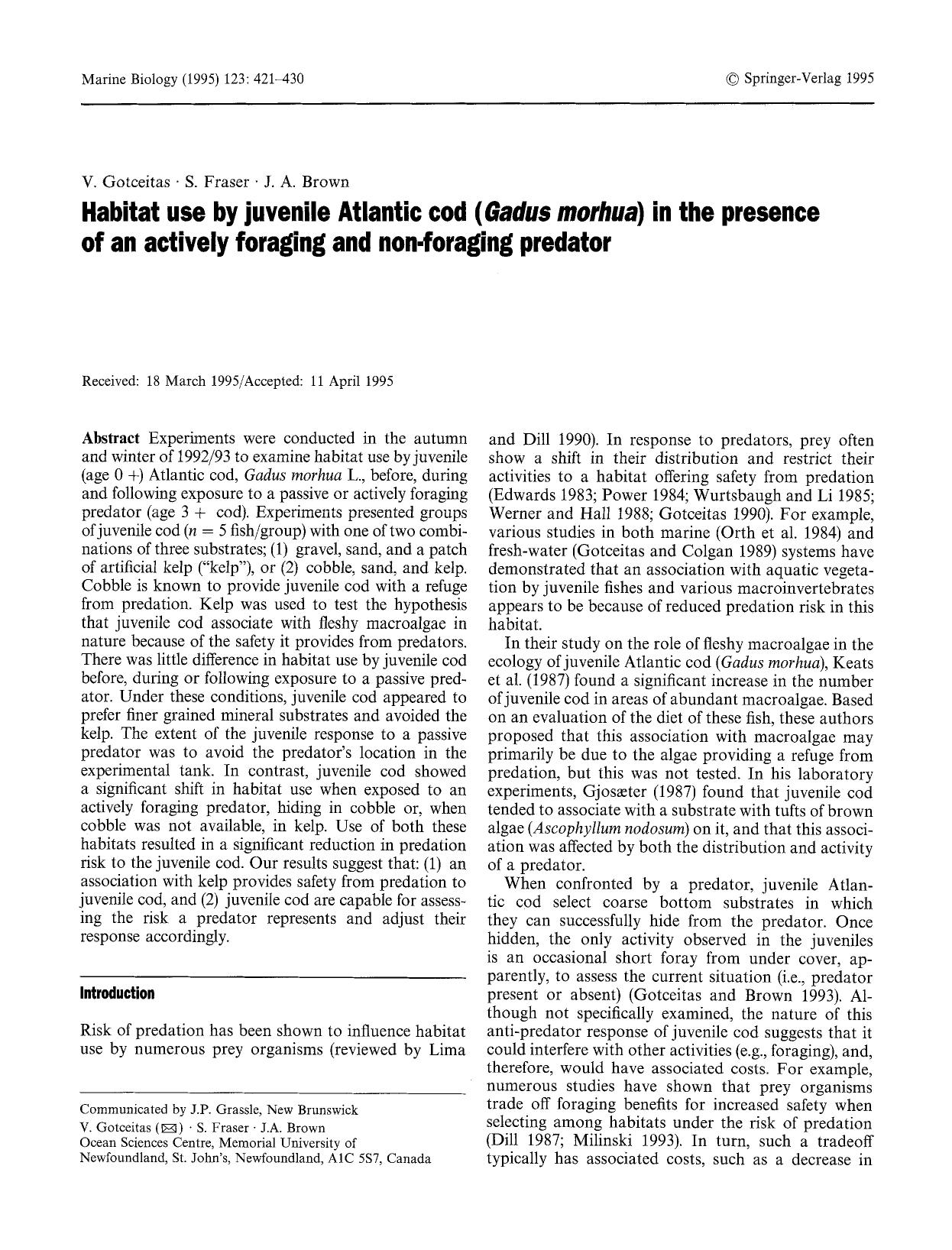 Habitat use by juvenile Atlantic cod (<Emphasis Type="Italic">Gadus morhua<Emphasis>) in the presence of an actively foraging and non-foraging predator by Unknown